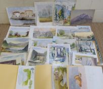 Approximately 70 watercolours, mainly unframed landscapes,