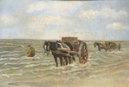 Oil on board of fishermen with horse-drawn carts, possibly Dutch, indistinctly signed lower left,