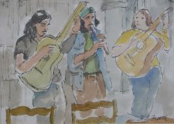 Hubert Andrew Freeth pen and watercolour 'Music Makers' signed lower right, 19 x 27cm,
