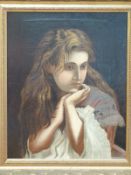 A 19thC or early 20thC oil on canvas of a young woman in pensive pose,