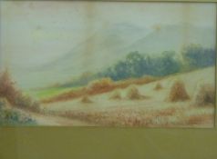 D Trevor Bramson watercolour hayfield with hills beyond, signed lower right, 19 x 33cm,