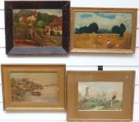 Four various landscapes including a couple in a rowing boat with building beyond,
