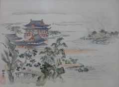 Chinese School 'Landscape with Pagoda', signed and with red seal mark, Rowley Gallery label verso,