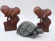 Three Shona African stone carvings, two stylised elephants and a tortoise, unsigned,
