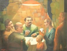 Xavier oil on canvas of men playing cards, signed lower left,