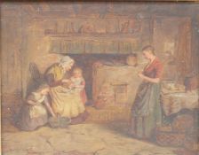 A 19thC Continental School oil on board of two children with mother and grandmother in kitchen,
