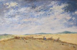 Acrylic on canvas workers with scythes harvesting hay, indistinctly signed lower left, 60 x 90cm,