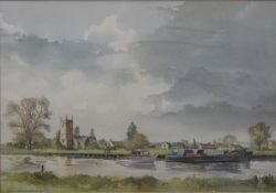 Eric McGregor watercolour, Gloucester Sharpness canal and Frampton on Severn church,