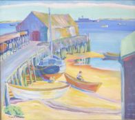 Frank Carson (1881-1961) oil on canvas of boats at a dock, signed lower left,