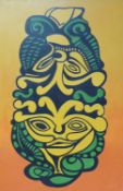 Peter Ward oil on canvas abstract tribal tiki, signed and dated 1976 lower left,