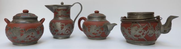 A four piece Chinese Yixing and pewter teaset, Shanghai,