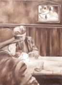 In the manner of Norman Cornish oil on canvas of two men playing cards in a pub,