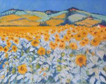 Elaine Fine oil on canvas 'Sunflower Fields in the Dordogne' with title and Hunter gallery label