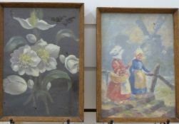 Tom Tait two small oils on board including two girls with windmill beyond