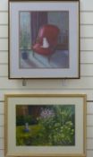 Erica Bean oil on board girl in a garden together with a pastel of a cat on a chair