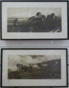 After Herbert Dicksee pair of etchings of working Shire horses, one 'Against the Wind and Open Sky',