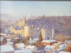Andrew Quelch oil on board of Chepstow Castle in the snow, monogrammed AQ lower right,