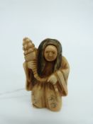 A Japanese Meiji period ivory netsuke with revolving face showing happy and sad,