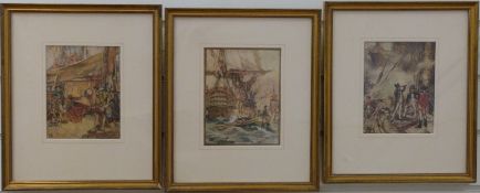 Three 19thC watercolours, one depicting Nelson on a deck, possibly Trafalgar,