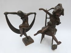 Two bronzed figures, one an Art Deco style nude lady dancing, 24cm tall,