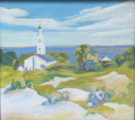 Frank Carson (1881-1961) oil on canvas of church by the coast,