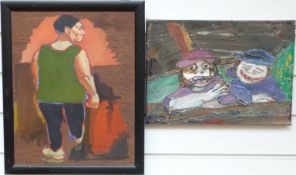 Modern acrylic on canvas of two people at a bar, 26cm x 36cm,