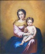 A 19thC / early 20thC oil on board lady with child holding cherry amber beads, 30cm x 25cm,