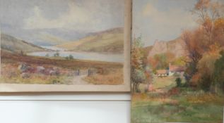 Arthur Netherwood (1864 - 1930) watercolour house in landscape and lake with mountains beyond,