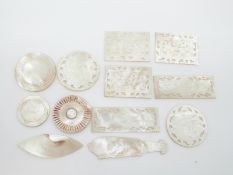 Five rectangular and two circular Chinese mother of pearl counters depicting figures,