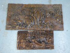 Three large and ten smaller carved oriental wooden panels,