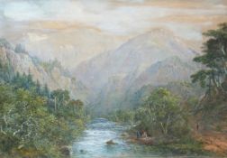 Charles Woolnoth (1815-1906) watercolour figures by a river in mountainous landscape,
