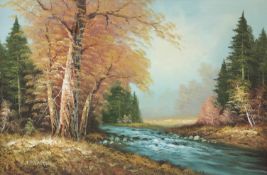 J P Walter acrylic on canvas river in a woodland landscape,