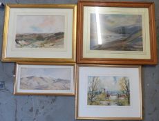 Four various watercolour and pastel landscapes, one by Tom Coates,