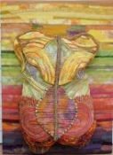 A textile / fabric sculpture 'Carapace' over plaster cast of female back by Ann Raphael,