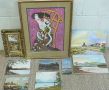 Abstract mixed media seated lady, signed L Mandy, 48 x 34cm,