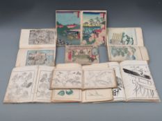 A collection of Japanese books with paintings, brush paintings,