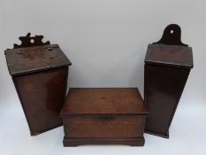 Two Georgian candle boxes and an oak sewing box with brass lock and lion mask handles