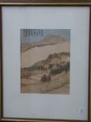 A Japanese hand coloured print of Mount Fuji by Hokusai, 32 x 53cm, together with two prints.