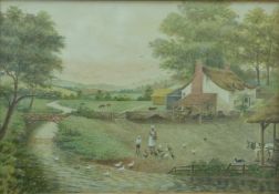 C Hoult watercolour of farmstead with woman and child feeding fowl,