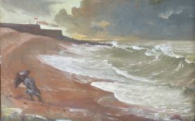 Attributed Carel Waite oil on panel seascape and figure struggling up the beach with an umbrella,