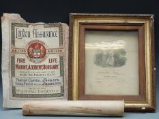 Ancient Order of Druids framed membership certificate 1899, London Assurance advertising poster,