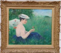 Francois Gall (1912-1987) oil on canvas of a young women in a poppy field, signed lower left,