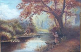 Oil on canvas of girl in a punt, indistinctly signed lower right 49 x 75cm,