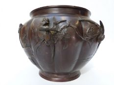 A Japanese Meiji period jardiniere with bird decoration in relief with signature to the side and