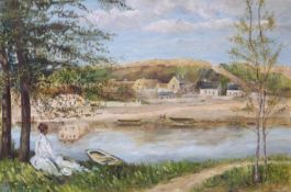 N Jewell oil on board Edwardian lady by a boat overlooking a village on river or estuary,