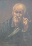 Oil on canvas of man with pipe, initialled MAN lower left,