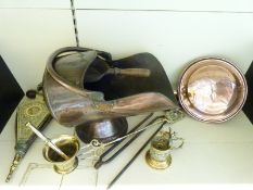 Copper warming pan, coal scuttle, fireside accessories,