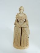 A 19thC Dieppe ivory figure, possibly Madame de Pompadour, opening to reveal a carved scene, 8.