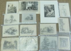 Approximately twenty pencil drawings including a man with a dog by a fireplace,