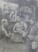 Charcoal on paper of interior of a busy pub,